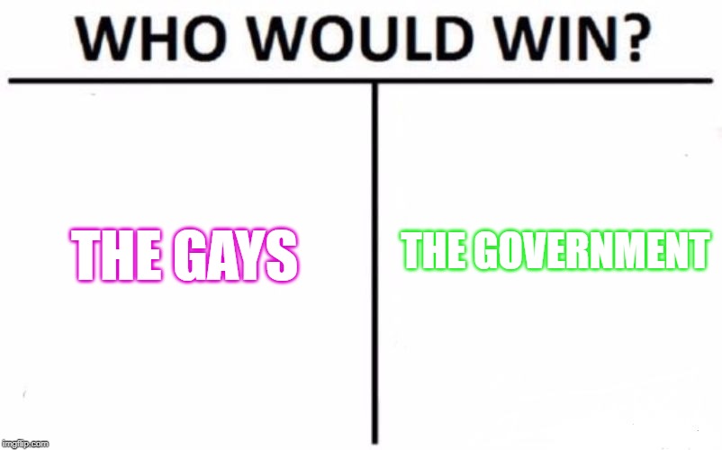 Who Would Win? | THE GOVERNMENT; THE GAYS | image tagged in memes,who would win,lgbt | made w/ Imgflip meme maker