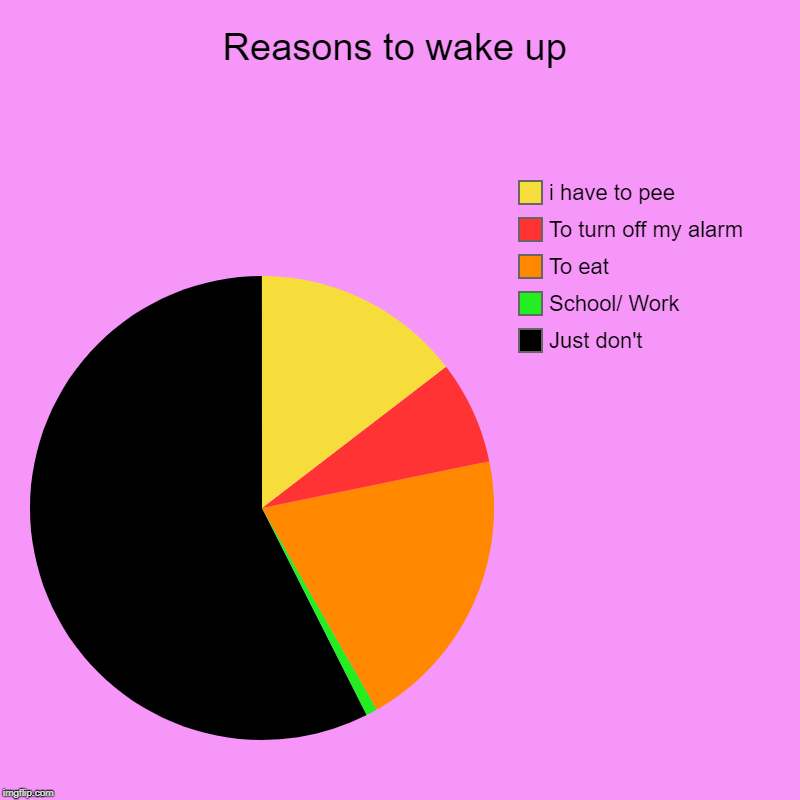 Reasons to wake up | Just don't, School/ Work, To eat, To turn off my alarm, i have to pee | image tagged in charts,pie charts | made w/ Imgflip chart maker