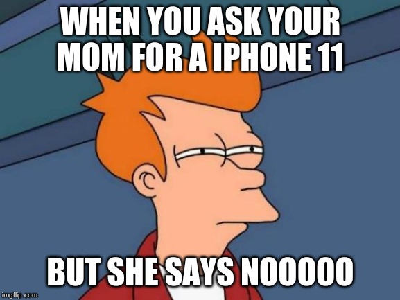 Futurama Fry Meme | WHEN YOU ASK YOUR MOM FOR A IPHONE 11; BUT SHE SAYS NOOOOO | image tagged in memes,futurama fry | made w/ Imgflip meme maker