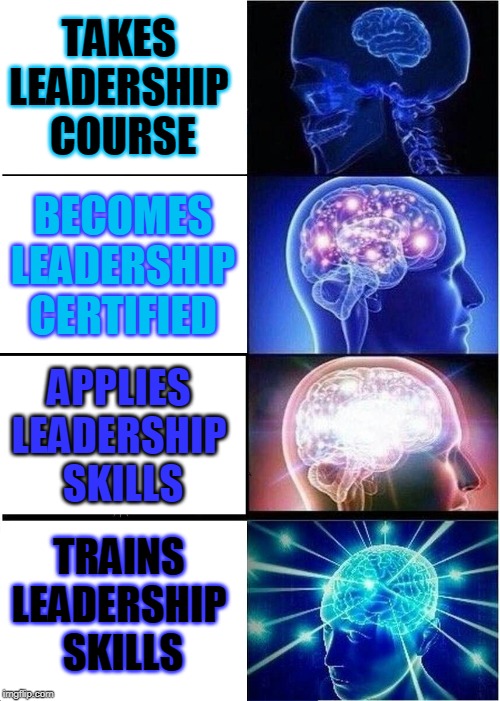 Expanding Brain Meme | TAKES 
LEADERSHIP 
COURSE; BECOMES LEADERSHIP CERTIFIED; APPLIES 
LEADERSHIP 
SKILLS; TRAINS 
LEADERSHIP 
SKILLS | image tagged in memes,expanding brain | made w/ Imgflip meme maker