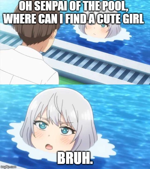 Senpai of the pool | OH SENPAI OF THE POOL, WHERE CAN I FIND A CUTE GIRL; BRUH. | image tagged in senpai of the pool | made w/ Imgflip meme maker