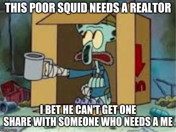 spare coochie | THIS POOR SQUID NEEDS A REALTOR; I BET HE CAN'T GET ONE SHARE WITH SOMEONE WHO NEEDS A ME | image tagged in spare coochie | made w/ Imgflip meme maker