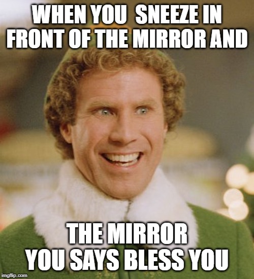 Buddy The Elf | WHEN YOU  SNEEZE IN FRONT OF THE MIRROR AND; THE MIRROR YOU SAYS BLESS YOU | image tagged in memes,buddy the elf | made w/ Imgflip meme maker