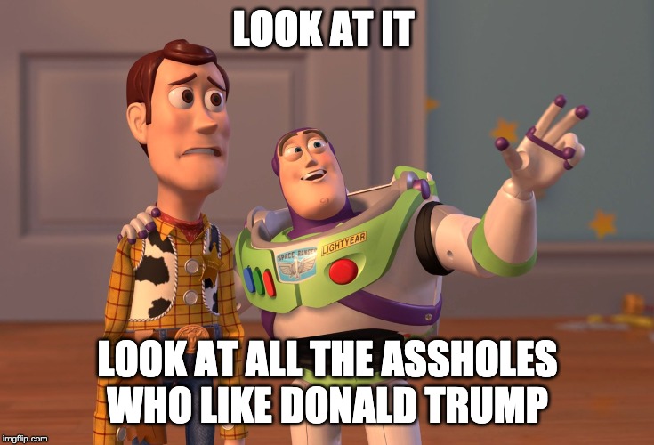 X, X Everywhere Meme | LOOK AT IT; LOOK AT ALL THE ASSHOLES WHO LIKE DONALD TRUMP | image tagged in memes,x x everywhere | made w/ Imgflip meme maker