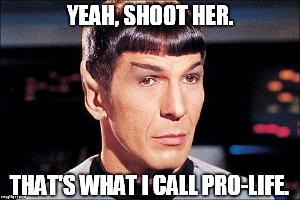 Condescending Spock | YEAH, SHOOT HER. THAT'S WHAT I CALL PRO-LIFE. | image tagged in condescending spock | made w/ Imgflip meme maker