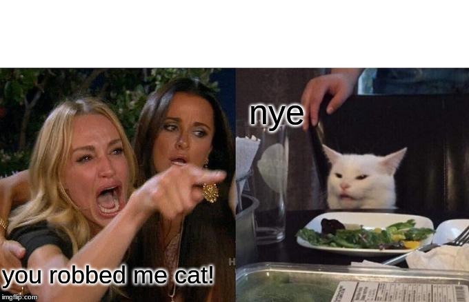 Woman Yelling At Cat Meme | nye; you robbed me cat! | image tagged in memes,woman yelling at cat | made w/ Imgflip meme maker