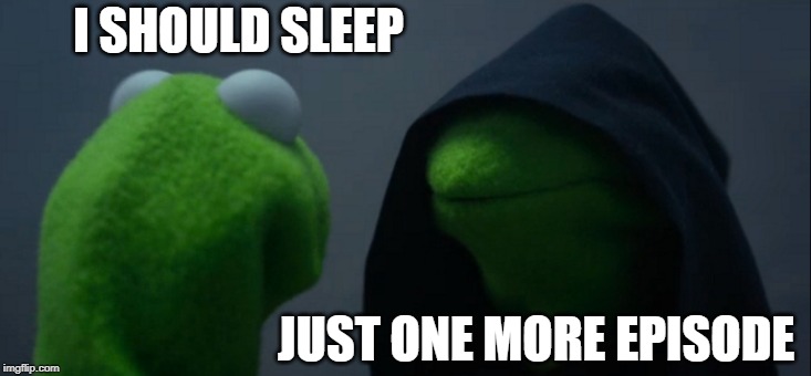 Evil Kermit Meme | I SHOULD SLEEP; JUST ONE MORE EPISODE | image tagged in memes,evil kermit | made w/ Imgflip meme maker