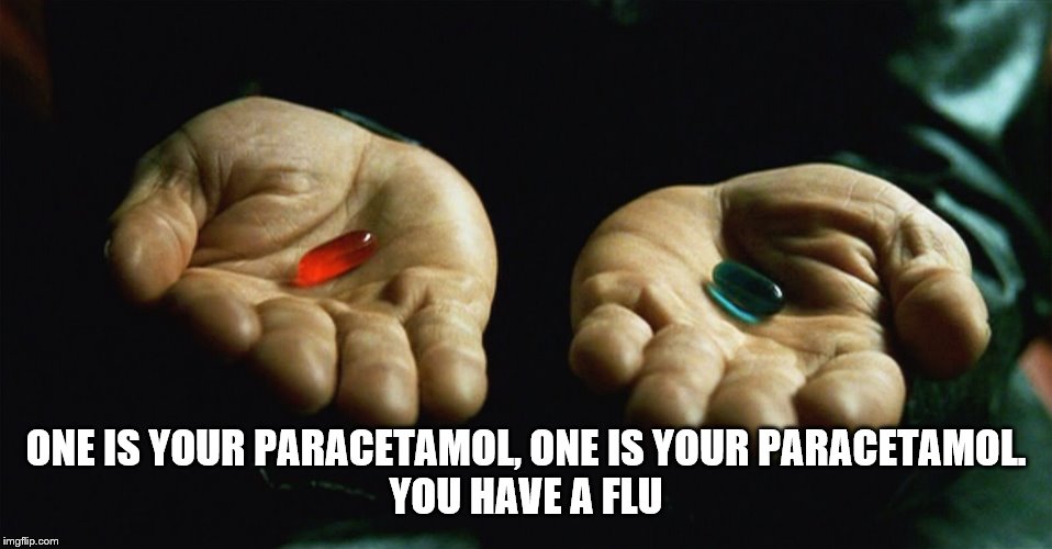 Red pill blue pill | ONE IS YOUR PARACETAMOL, ONE IS YOUR PARACETAMOL.
YOU HAVE A FLU | image tagged in red pill blue pill | made w/ Imgflip meme maker