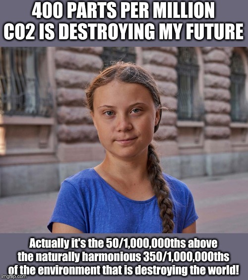 'Cause like I counted it on my fingers. How dare you deny 50 molecules out of a million can't dominate the world! | 400 PARTS PER MILLION CO2 IS DESTROYING MY FUTURE; Actually it's the 50/1,000,000ths above the naturally harmonious 350/1,000,000ths of the environment that is destroying the world! | image tagged in gretta | made w/ Imgflip meme maker