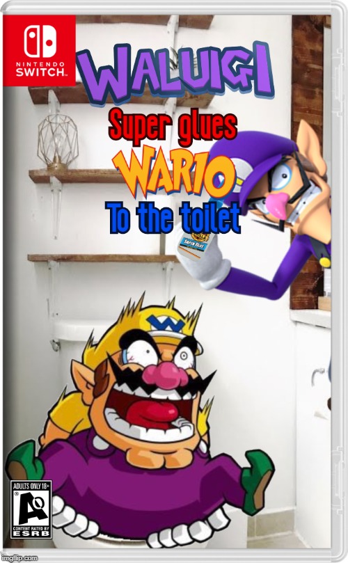 Waluigi super glues Wario to the toilet | image tagged in fake switch games,waluigi | made w/ Imgflip meme maker