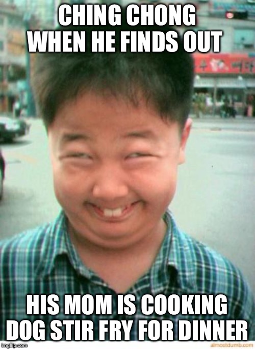 funny asian face |  CHING CHONG WHEN HE FINDS OUT; HIS MOM IS COOKING DOG STIR FRY FOR DINNER | image tagged in funny asian face | made w/ Imgflip meme maker