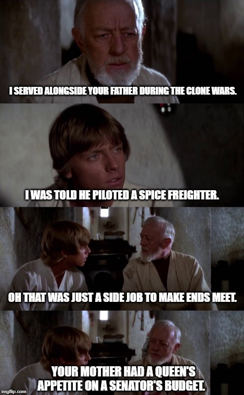 I SERVED ALONGSIDE YOUR FATHER DURING THE CLONE WARS. I WAS TOLD HE PILOTED A SPICE FREIGHTER. OH THAT WAS JUST A SIDE JOB TO MAKE ENDS MEET. YOUR MOTHER HAD A QUEEN'S APPETITE ON A SENATOR'S BUDGET. | image tagged in obi wan kenobi,star wars,luke skywalker | made w/ Imgflip meme maker
