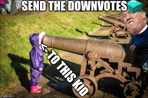downvots | SEND THE DOWNVOTES; <- TO THIS KID | image tagged in kid face on cannon | made w/ Imgflip meme maker