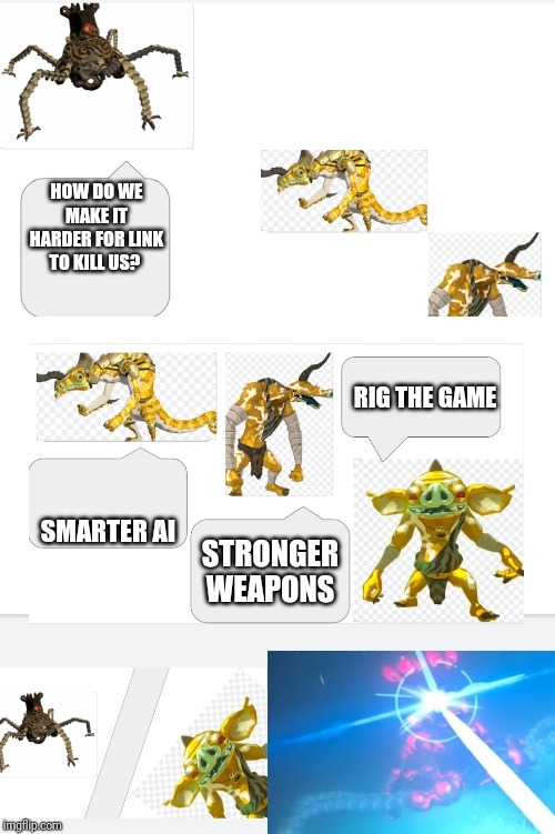 Botw meeting suggestion | HOW DO WE MAKE IT HARDER FOR LINK TO KILL US? RIG THE GAME; SMARTER AI; STRONGER WEAPONS | image tagged in botw meeting suggestion | made w/ Imgflip meme maker