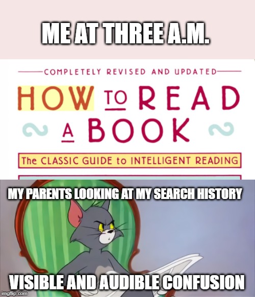 ME AT THREE A.M. MY PARENTS LOOKING AT MY SEARCH HISTORY; VISIBLE AND AUDIBLE CONFUSION | image tagged in tom newspaper hd | made w/ Imgflip meme maker