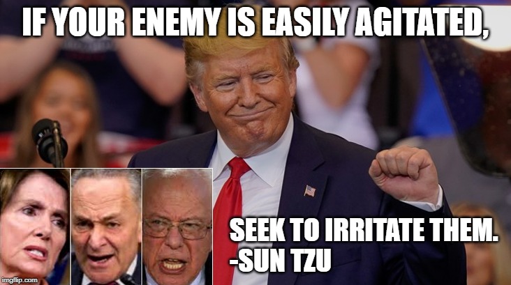 Sage advice for the Prez. | IF YOUR ENEMY IS EASILY AGITATED, SEEK TO IRRITATE THEM.  
-SUN TZU | image tagged in memes,politics,tds,trump derangement syndrome,angry dems,demoncrats | made w/ Imgflip meme maker