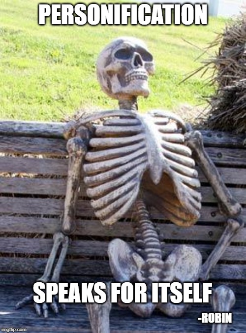 Waiting Skeleton Meme | PERSONIFICATION; -ROBIN; SPEAKS FOR ITSELF | image tagged in waiting skeleton,personification,literary terms,literature,funny,grammar | made w/ Imgflip meme maker