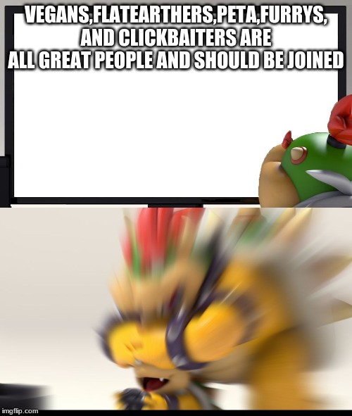 Bowser and Bowser Jr. NSFW | VEGANS,FLATEARTHERS,PETA,FURRYS, AND CLICKBAITERS ARE ALL GREAT PEOPLE AND SHOULD BE JOINED | image tagged in bowser and bowser jr nsfw | made w/ Imgflip meme maker