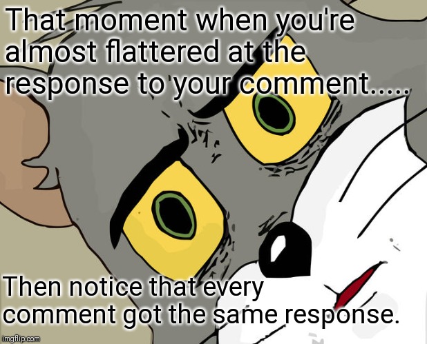 Oh, boy, she likes me.....not |  That moment when you're almost flattered at the response to your comment..... Then notice that every comment got the same response. | image tagged in memes,unsettled tom,sarcasm,sarcastic,satire,everyone liked that | made w/ Imgflip meme maker