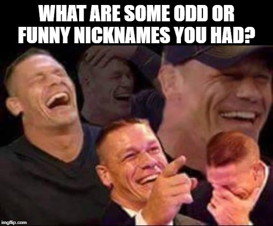 What are some odd or funny nicknames you had? | WHAT ARE SOME ODD OR FUNNY NICKNAMES YOU HAD? | image tagged in john cena laughing,nickname | made w/ Imgflip meme maker