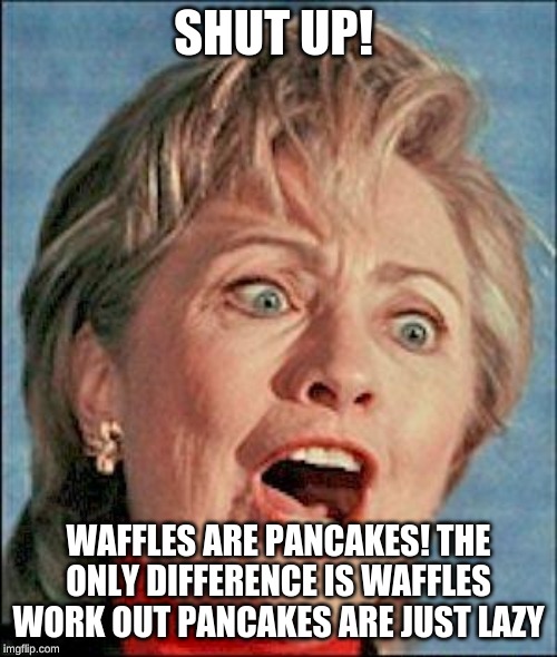 Ugly Hillary Clinton | SHUT UP! WAFFLES ARE PANCAKES! THE ONLY DIFFERENCE IS WAFFLES WORK OUT PANCAKES ARE JUST LAZY | image tagged in ugly hillary clinton | made w/ Imgflip meme maker