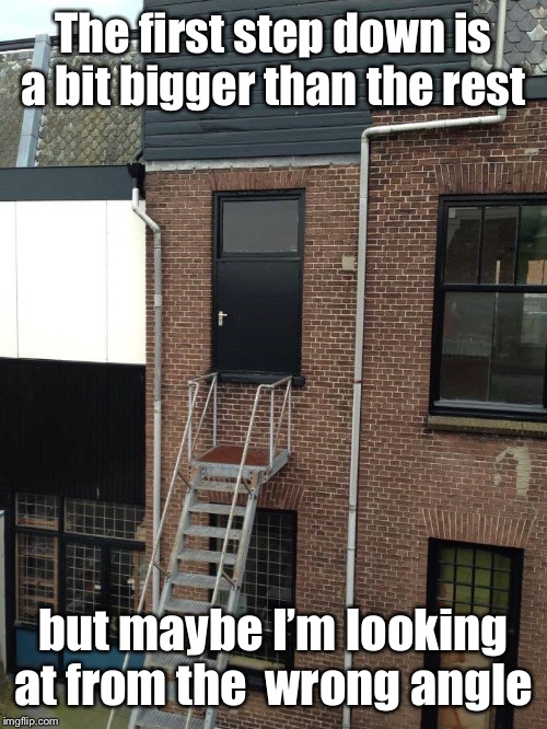 On the plus side, the hand rails don’t block in the door | The first step down is a bit bigger than the rest; but maybe I’m looking at from the  wrong angle | image tagged in bad construction,stairwell too short,handrails too narrow,big step | made w/ Imgflip meme maker