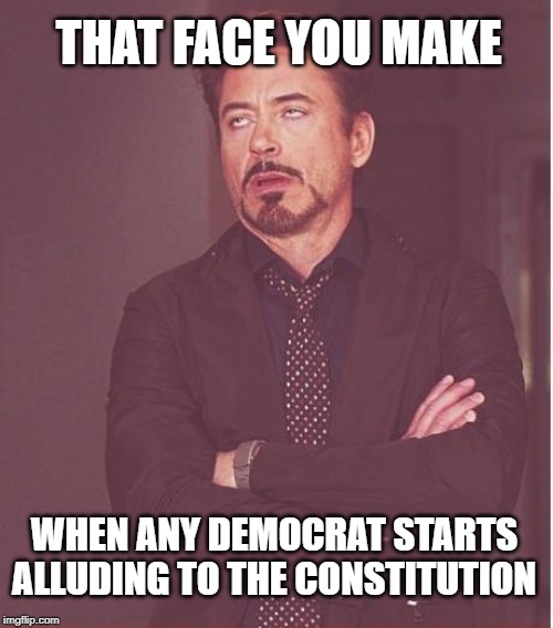 Face You Make Robert Downey Jr Meme | THAT FACE YOU MAKE; WHEN ANY DEMOCRAT STARTS ALLUDING TO THE CONSTITUTION | image tagged in memes,face you make robert downey jr | made w/ Imgflip meme maker