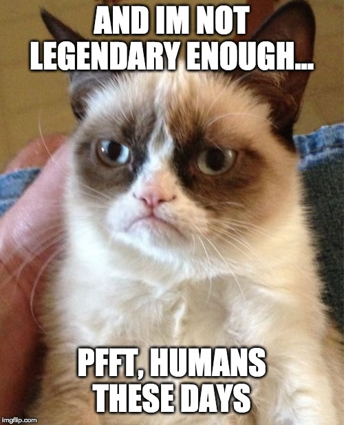 Grumpy Cat Meme | AND IM NOT LEGENDARY ENOUGH... PFFT, HUMANS THESE DAYS | image tagged in memes,grumpy cat | made w/ Imgflip meme maker