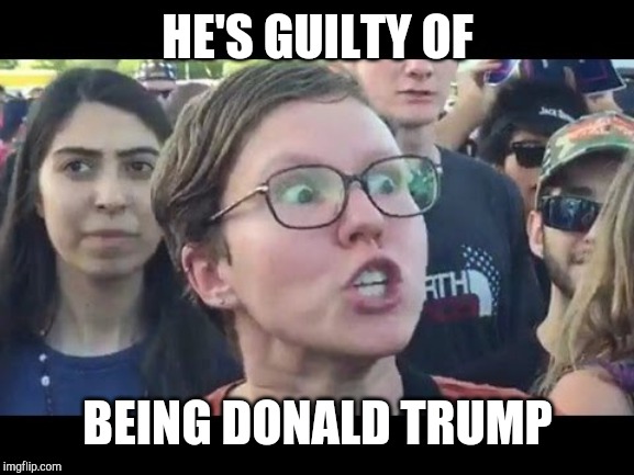Angry sjw | HE'S GUILTY OF BEING DONALD TRUMP | image tagged in angry sjw | made w/ Imgflip meme maker
