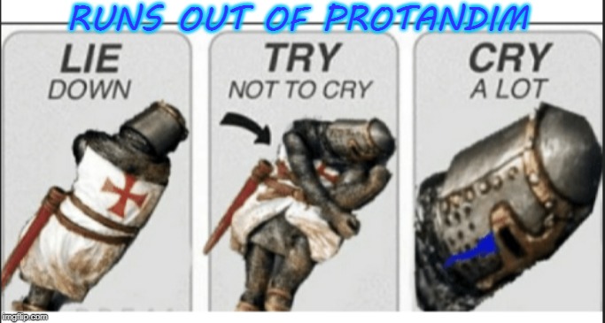 Crusaders do cry, over many things | RUNS OUT OF PROTANDIM | image tagged in crusader,crusades,crying,sad,funny | made w/ Imgflip meme maker