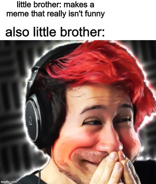 Little brother |  little brother: makes a meme that really isn't funny; also little brother: | image tagged in markiplier,meme,little brother,funny,laugh,also | made w/ Imgflip meme maker