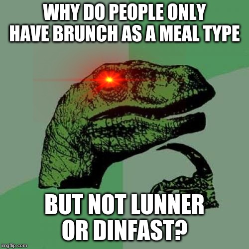 Philosoraptor | WHY DO PEOPLE ONLY HAVE BRUNCH AS A MEAL TYPE; BUT NOT LUNNER OR DINFAST? | image tagged in memes,philosoraptor | made w/ Imgflip meme maker