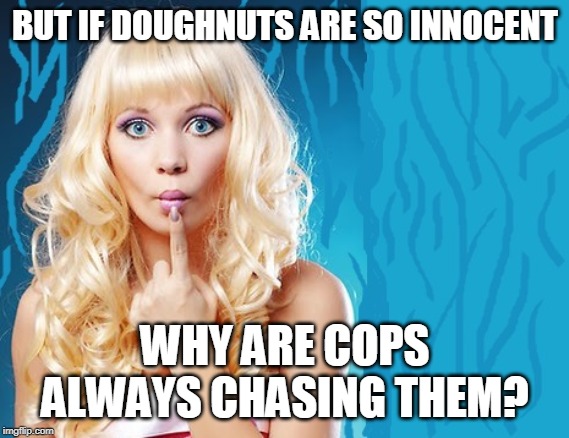(Random comment submission.) | BUT IF DOUGHNUTS ARE SO INNOCENT; WHY ARE COPS ALWAYS CHASING THEM? | image tagged in ditzy blonde,memes,comments,who would win,cops,cops and donuts | made w/ Imgflip meme maker