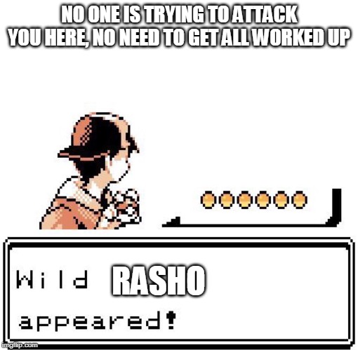 wild x appears | NO ONE IS TRYING TO ATTACK YOU HERE, NO NEED TO GET ALL WORKED UP; RASHO | image tagged in wild x appears | made w/ Imgflip meme maker