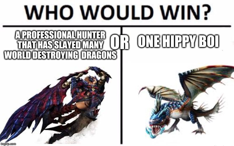 ONE HIPPY BOI; A PROFESSIONAL HUNTER THAT HAS SLAYED MANY WORLD DESTROYING  DRAGONS; OR | image tagged in who would win,memes | made w/ Imgflip meme maker