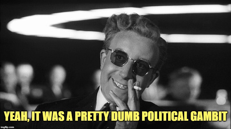 Doctor Strangelove says... | YEAH, IT WAS A PRETTY DUMB POLITICAL GAMBIT | image tagged in doctor strangelove says | made w/ Imgflip meme maker