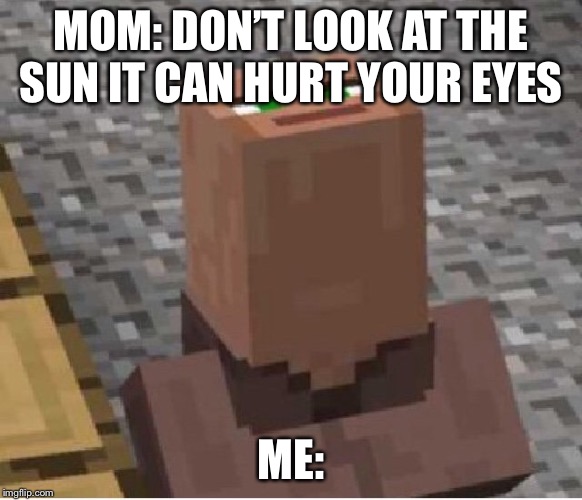 Minecraft Villager Looking Up | MOM: DON’T LOOK AT THE SUN IT CAN HURT YOUR EYES; ME: | image tagged in minecraft villager looking up | made w/ Imgflip meme maker