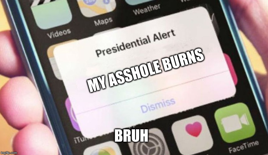 Presidential Alert Meme | MY ASSHOLE BURNS; BRUH | image tagged in memes,presidential alert | made w/ Imgflip meme maker