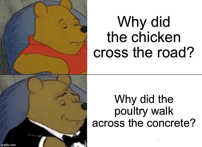 Tuxedo Winnie The Pooh | Why did the chicken cross the road? Why did the poultry walk across the concrete? | image tagged in memes,tuxedo winnie the pooh | made w/ Imgflip meme maker