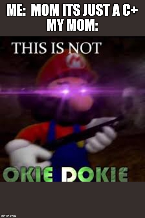 This is not okie dokie | ME:  MOM ITS JUST A C+
MY MOM: | image tagged in this is not okie dokie | made w/ Imgflip meme maker