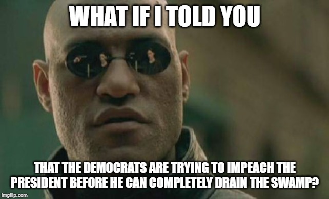 Matrix Morpheus | WHAT IF I TOLD YOU; THAT THE DEMOCRATS ARE TRYING TO IMPEACH THE PRESIDENT BEFORE HE CAN COMPLETELY DRAIN THE SWAMP? | image tagged in memes,matrix morpheus | made w/ Imgflip meme maker