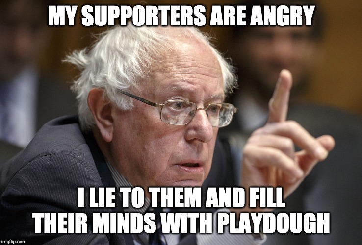 Bernie Sanders idiot moron | MY SUPPORTERS ARE ANGRY; I LIE TO THEM AND FILL THEIR MINDS WITH PLAYDOUGH | image tagged in bernie sanders idiot moron | made w/ Imgflip meme maker