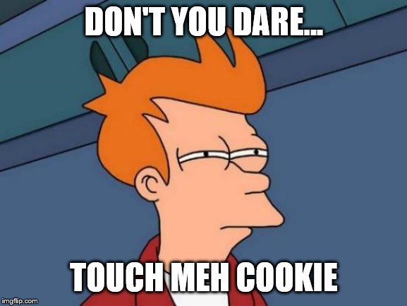 Futurama Fry | DON'T YOU DARE... TOUCH MEH COOKIE | image tagged in memes,futurama fry | made w/ Imgflip meme maker
