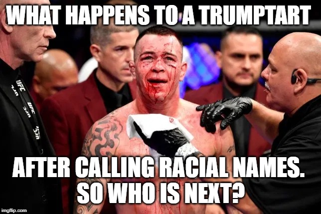 MMA racist broken jaw | WHAT HAPPENS TO A TRUMPTART; AFTER CALLING RACIAL NAMES. 
SO WHO IS NEXT? | image tagged in trump,conservatives,liberals,antifa | made w/ Imgflip meme maker