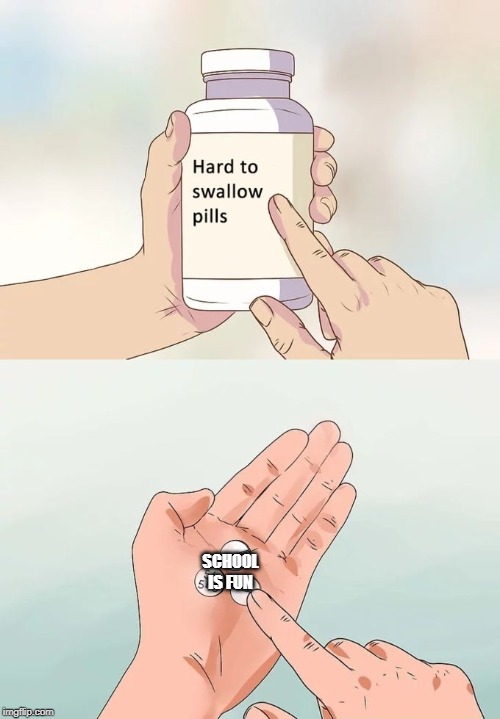 Hard To Swallow Pills | SCHOOL IS FUN | image tagged in memes,hard to swallow pills | made w/ Imgflip meme maker