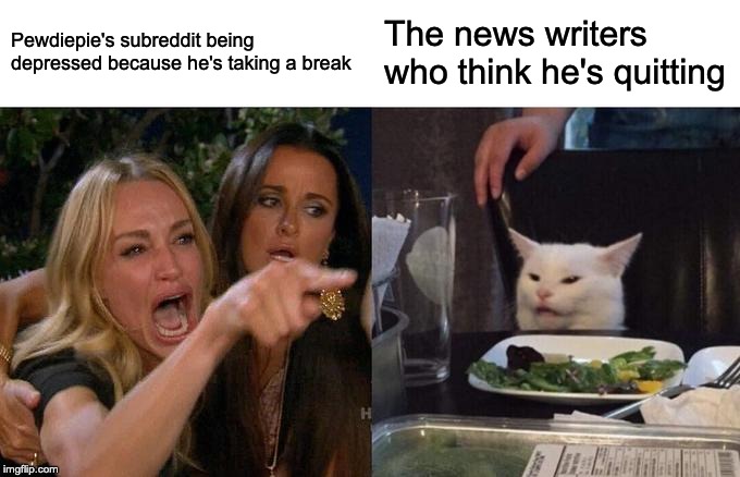 Woman Yelling At Cat Meme | Pewdiepie's subreddit being depressed because he's taking a break; The news writers who think he's quitting | image tagged in memes,woman yelling at cat | made w/ Imgflip meme maker