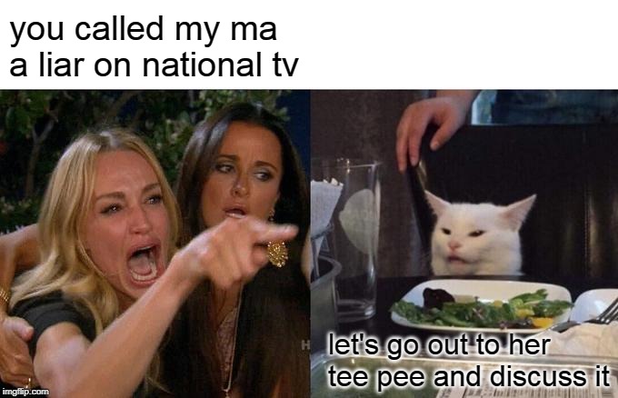 Woman Yelling At Cat | you called my ma a liar on national tv; let's go out to her tee pee and discuss it | image tagged in memes,woman yelling at cat | made w/ Imgflip meme maker