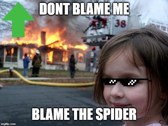 Disaster Girl | DONT BLAME ME; BLAME THE SPIDER | image tagged in memes,disaster girl | made w/ Imgflip meme maker