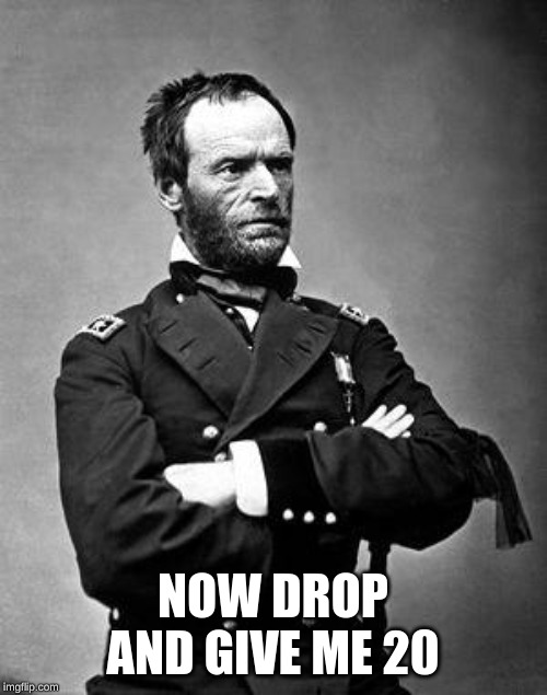 General Sherman | NOW DROP AND GIVE ME 20 | image tagged in general sherman | made w/ Imgflip meme maker