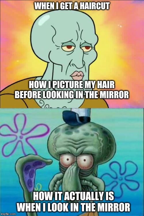 sad how true this is | WHEN I GET A HAIRCUT; HOW I PICTURE MY HAIR BEFORE LOOKING IN THE MIRROR; HOW IT ACTUALLY IS WHEN I LOOK IN THE MIRROR | image tagged in memes,squidward | made w/ Imgflip meme maker